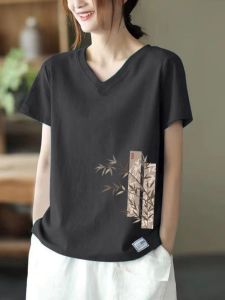 Summer New Loose Fit Pure Cotton Chicken Heart Neck T-Shirt Big Size Mommy Style Top Comfortable Breathable Casual Wear