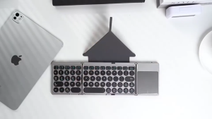 Wekey Foldable Wireless Keyboard with Touchpad BT 2.4G Dual Mode Rechargeable Mini Keyboard 3 Device Switch PU Leather Case Stand Ultra Slim Portable Compatible iOS Android Windows Mac for iPad iPhone Tablet Phone Laptop PC Grey