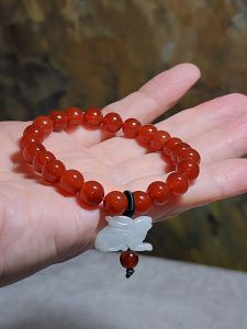 Gegegems Creation 8mm Premium Red Agate and Type A Jadeite carved Rabbit bracelet (Please PM me for other Chinese Zodiac animals charm)