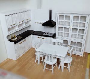 1:12 Dollhouse Miniature Furniture Model Mini White Wooden Dining Room Cabinet Dining-Table Chair Scene Decoration