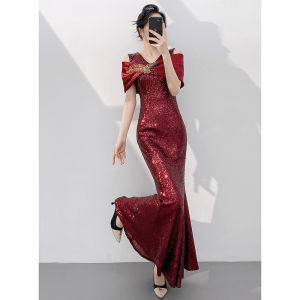 Wine Red Bride Banquet Gown Fish Tail & Sequin Design