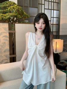 GUZILIAN | Summer Sweet Simple Knot Strap Vest Women Outerwear Loose V-neck Casual Lazy Top Elegant Loose Fit Pure Color Fashion Design