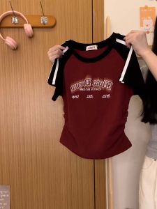 Cream Universe Foam Letter Stripes Raglan Short-Sleeved T-shirt Female American Retro Slimming Short Top New Arrival