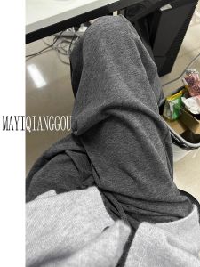 Quần Ống Rộng Dệt Kim Màu Xám Cho Nữ Mùa Xuân Thu Đông Cạp Cao Rộng Rãi Thoải Mái Quần Dài Thường Ngày Bằng Vải Cotton Polyester