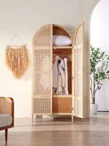 Scandinavian Solid Wood Wardrobe Silent Style Rattan Woven Simple Storage Cabinet Bed & Breakfast Bedroom Designer Flat White Wax Wardrobe