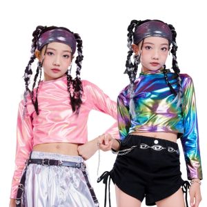 Girls Metallic Cropped Top Half Turtleneck Sparkly Shiny Dance Shirt for Hip Hop Disco Stage & Party Wear 6-12 Years