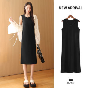 Black Summer Dress Womens Sleeveless Strap Vest Inner Wear Base Tank Long Dress Commute Korean Style Pure Color Natural Waist