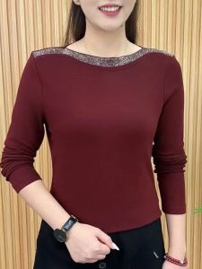 HUAXUNRAN | Fashionable Stylish Womens Plus Size Long Sleeve T-shirt with Rhinestones