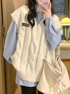 Oversize Cable Stitch V-neck Knitted Vest Vest Womens Early Autumn Loose Outer Wear Bandage Dress Sweater Waistcoat Vest
