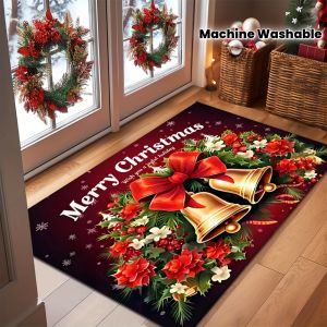 VIKAMA Christmas Doormat Non‑Slip Front Door Rug Washable Indoor Outdoor Xmas Snow Wreath Ball Ornament Winter Decor Mat