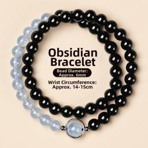 JIZHAOTANG | Natural Obsidian and Aquamarine Double Row Bracelet for Women