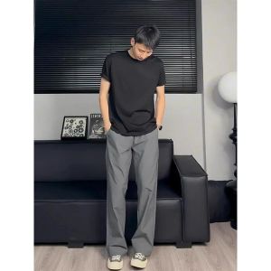 Quick Dry Mens American Style Micro Flared Pants High Waist Straight Leg Casual Trousers Trendy Brand Knife Edge Dark Grey