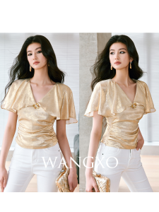 WANGXO | Áo Voan Lấp Lánh Cổ V Tay Chuông Tụ Dây Eo