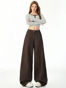 High Waist Wide Leg Denim Jeans Womens Fall New Style American Retro Coffee Color Draped Straight Tube Floor-Length Pants