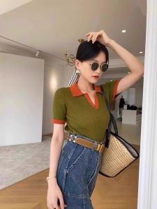 PEIXI | Retro Color Block Polo Neck Fitted Tshirt