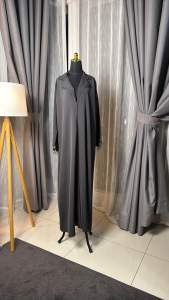 Luxury Abaya Deep Dark Grey with Cool Undertone - Direct from Dubai to Singapore - Hand-embellished Silver Beadwork & Crystal Fringe - Sophisticated Modern Design