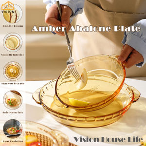 Vision 1PC 7/8/9 Inches Glass Pan with Handle Amber Dining Plate Round Baking Dish Deep Pie Pans Versatile High-Temperature Glass Dish Microwave Oven and Steamer Safe