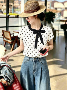 Black and White Dots Bow Tie Short Sleeve T-Shirt Women