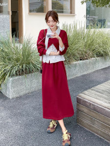 Red College Style Sweatshirt Set Womens Spring 2025 New Striped Shirt Half-length Skirt Three-piece Set Fashionable Casual Dress