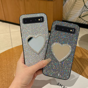 Luxury Glitter Grid Leather Love Heart Mirror Phone Case For Samsung Galaxy S10 4G 5G Lite Plus Shiny Protective Cover