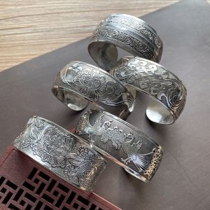 Retro Ethnic Style Silver Bracelet Carved Open Wide Fashion Personality Miao Silver Antiqued Vintage Floral Jewelry for Women