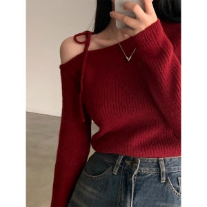 Chic Red One-Shoulder Knitted Sweater Womens Spring Autumn New Design Sensation Soft Cozy Top OL Style Long Sleeve Crew Neck