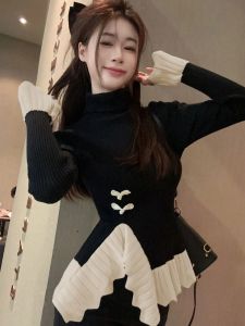 New Chinese High Collar Knitted Sweater Womens Patchwork Irregular Base Layer Top Button Design Sensation Holland Edge