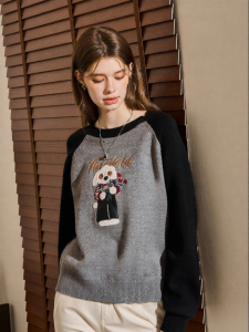 KUHNMARVIN | Áo Sweater Cổ Tròn Đáng Yêu Hình Thú Kawaii Mềm Mại