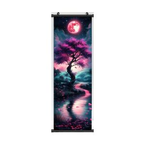 VIKAMA Purple Cherry Blossom Moon Wall Tapestry Waterfall Fuji Mountain Dreamy Scroll Art Home Decor Warm Cozy Soft Durable Gift