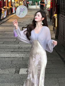 New Chinese Style High Waist Side Cut Long Dress Womens Spring Summer Fashion Fake Two-Piece Design V-Neck Maxi Dress