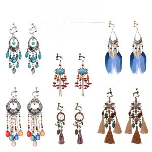 ต่างหูแบบยาวสไตล์เรโทรสไตล์ชาติพันธุ์สำหรับผู้หญิง ไม่ต้องเจาะ ต่างหูแบบคล้องหูสำหรับการถ่ายภาพท่องเที่ยว เครื่องประดับหูแบบสุดเทรนด์