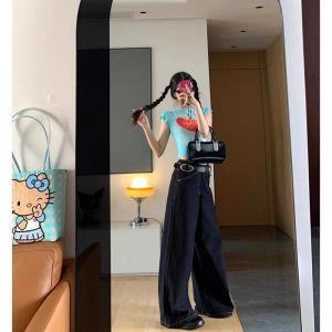 Áo Thun Cotton Tay Ngắn in Chữ Màu Xanh Cổ Tròn Mùa Hè Cho Nữ Áo Thun Ngắn in Hình Trái Cây Phong Cách Mỹ Cổ Điển Áo Thun Thường Ngày