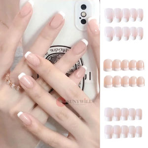 (Free Glue) Fashion 24pcs DIY Fake Nails For Women Girl French Finger Nail Art False Nail Simple Pink Ins Style