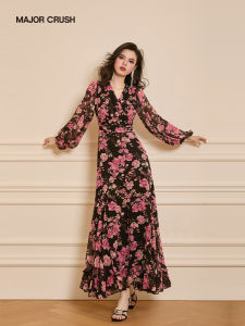 Sundress Holiday Style Floral V-neck Puff Sleeves Dress