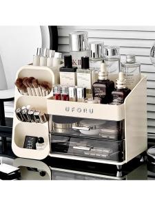 กล่องเก็บเครื่องสำอางกันฝุ่นแบบลิ้นชัก ชั้นวางเครื่องสำอางบนโต๊ะทำงาน ที่จัดระเบียบผลิตภัณฑ์บำรุงผิว ที่วางลิปสติก หวี ชั้นวางเครื่องสำอางข้างเตียง