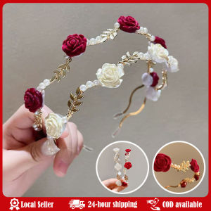 Luxury Elegant Rose Vine Headband Accessories Headdress Girls Metal Flower Pearl Tiara Hairbands Wedding Hair Hoop Women Romantic Wedding Red Rose Women Hair Hoops Bridals Hairbands 2025 Newest Thin Luxury Metal Flower Headbands Headdress Wholesale