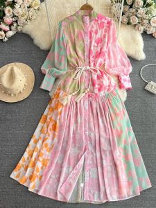 Elegant Long Sleeve Lantern Dress Shirt A-Line Midi Dress Slimming Waist High Waist Print Single Button Placement Print Dress