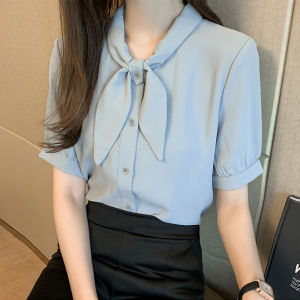 Short Sleeve Chiffon Shirt Womens Summer Fashion Butterfly Knot Professional OL Top Korean Style Straight Cut Button Detail