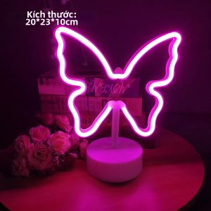 Đèn LED Hình Bướm Hồng Neon Chạy Bằng Pin Có Đế Đỡ Dùng Trang Trí Bàn Phòng Ngủ Đèn Ngủ