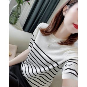 Summer Ice Silk Knitted round Neck Striped Short Sleeve Top Korean Style Loose Fit Commute Fashion Womens Premium Clothing