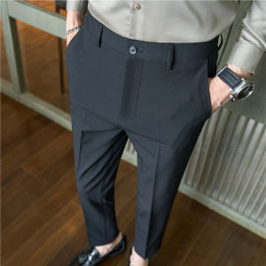 Business Casual Slim Fit Mens Pants Deep Blue Drapey Formal Workwear British Style Office Nine-Piece Trousers Polyester Blend