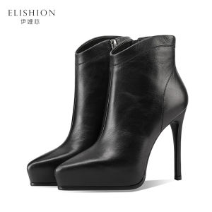 เรียบหรู รองเท้าส้นสูงหัวแหลมส้นหนาแพลตฟอร์มกันน้ําของแท้ หนัง รองเท้าบูทสั้น ฤดูใบไม้ร่วง ฤดูหนาว รองเท้าบูทแฟชั่นสําหรับผู้หญิง