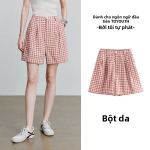 Toyouth | Quần Short Chân Rộng Họa Tiết Caro Phong Cách Retro Cho Phụ Nữ