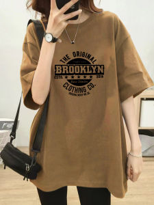 Letter Mid-Length Cotton Short Sleeve T-shirt Womens Brown Tops Summer New Arrival below the Hip Oversize Loose Tide
