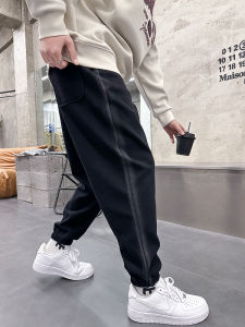 Youth Casual Cotton Blend Pants Mens Korean Style Embroidered Washed Slim Fit Sporty Sweatpants Spring New Black Basic