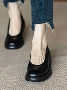 Meneer-M Thick Heel Single Shoes Womens Fall 2023 New French Color Block mid Heel round Toe Leather Loafers Fashionable Casual Footwear