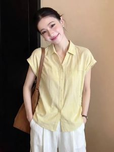Áo Sơ Mi Cổ Polo Màu Vàng Dễ Thương Giản Đơn Tùng Rộng Tay Ngắn