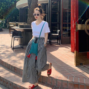 GL women Summer New Pants Summer New Plaid Wide-Leg Skort Elastic High Waist Slimming All-Matching Trousers Loose Casual Pants for Women Fashionable and versatile women Wide Leg Pants
