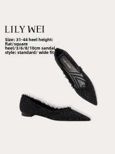 Lily Wei Black Peplum Flat Shoes Elegant Style Casual Wear Synthetic Leather Insole Rubber Outsole Pointed Toe Slip-On Shoes