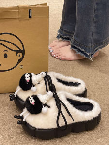 Thick Sole High Heel Cotton Slippers Womens Winter Wear Cute Briquette Shoelaces Fleece-Lined Fluffy Heattech Interior Home Slippers